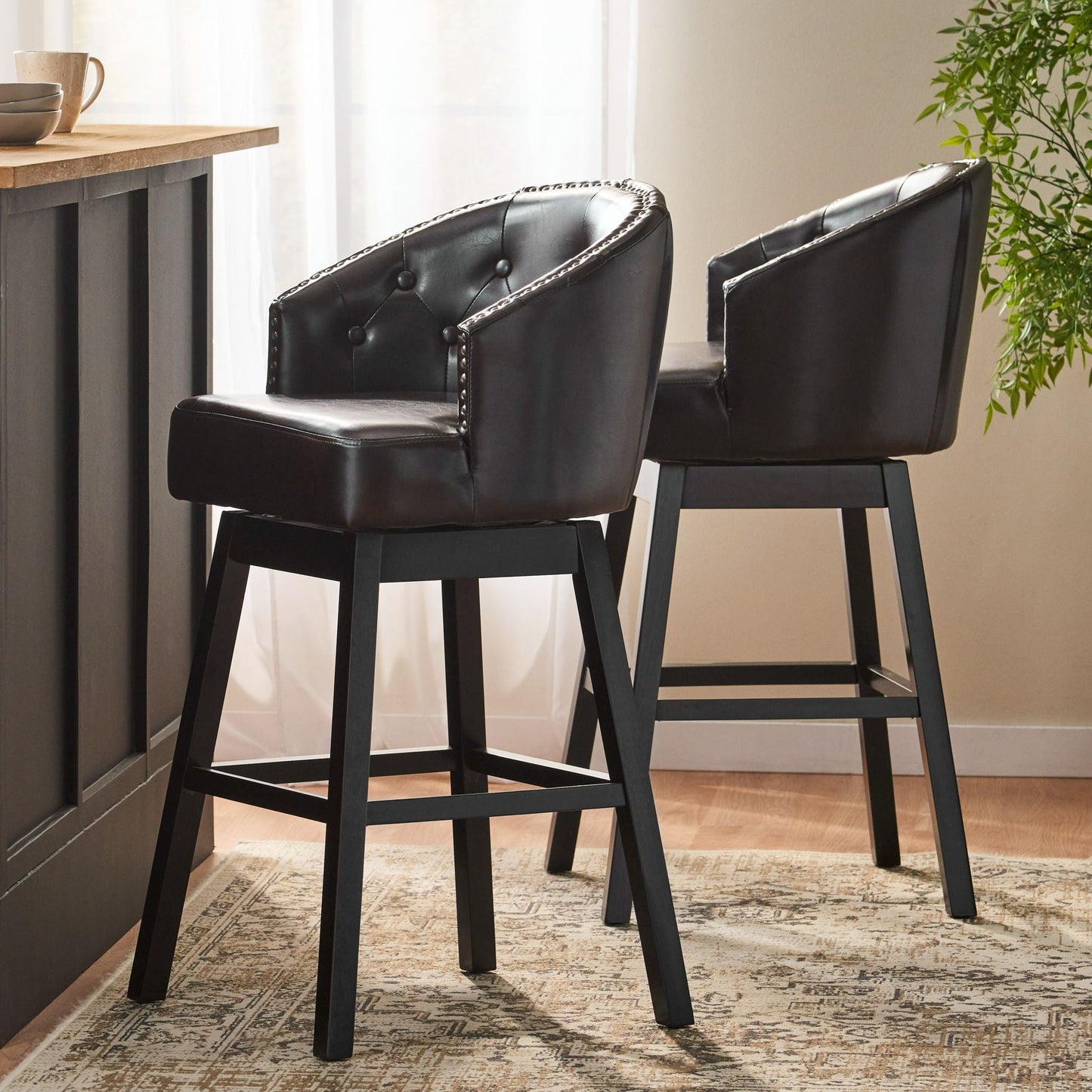 360 Degree Swivel Bar Stool Set of 2 in black leather with nailhead trim on Tampa Home & Garden Store