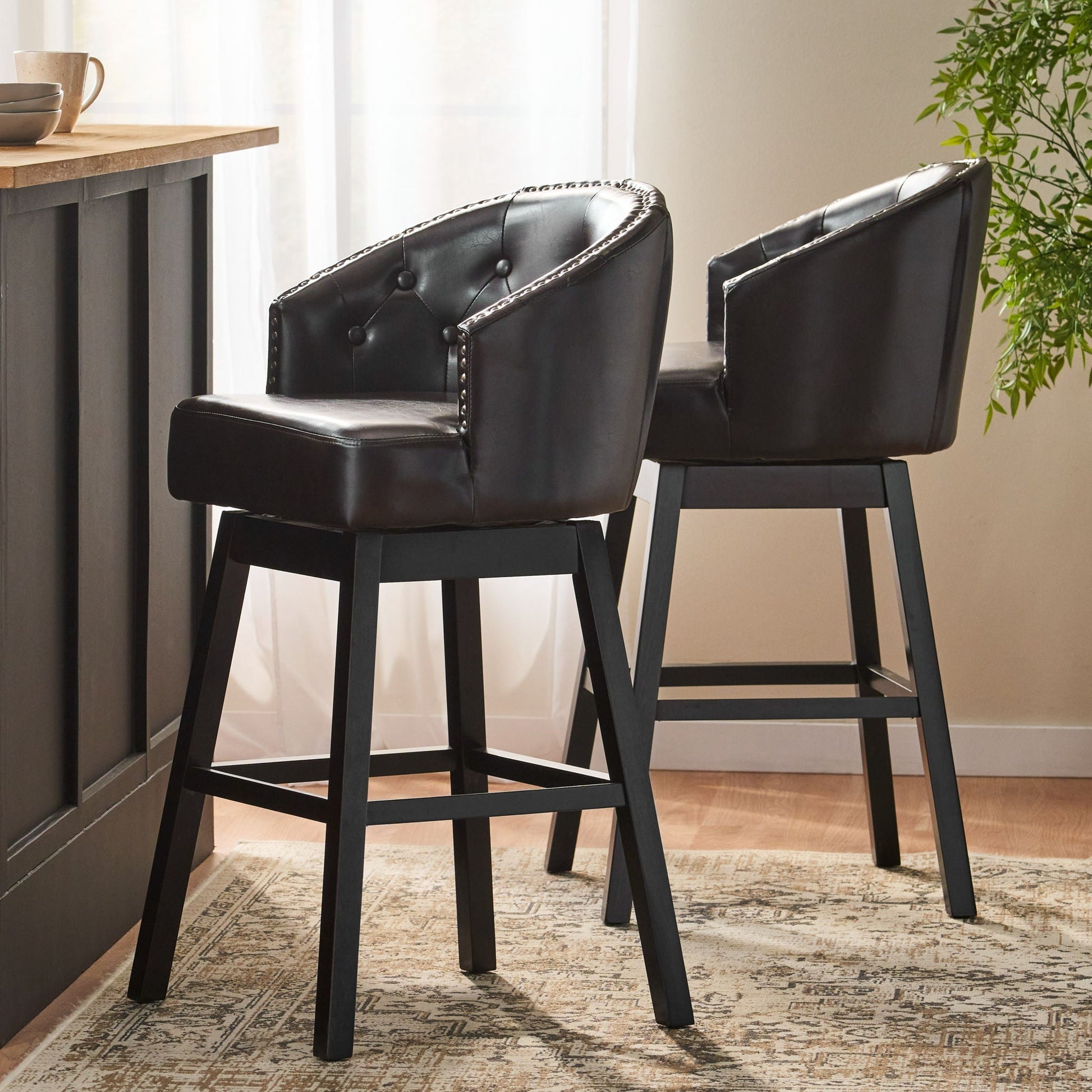 360 Degree Swivel Bar Stool Set of 2 in black leather with nailhead trim on Tampa Home & Garden Store