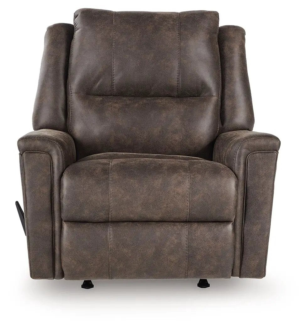 Lixtowel Rocker Recliner in dark brown faux leather with plush cushions tall back and side lever on Tampa Home & Garden Store