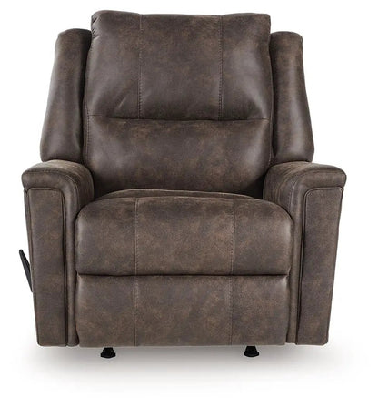 Lixtowel Rocker Recliner in dark brown faux leather with plush cushions tall back and side lever on Tampa Home & Garden Store
