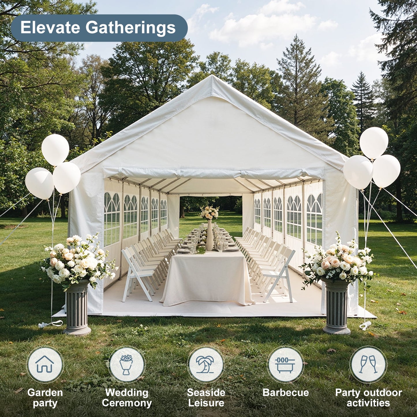 HouseOfZazla 20x40 white carport canopy party tent with banquet table, rows of white chairs, floral centerpieces on Tampa Home & Garden Store
