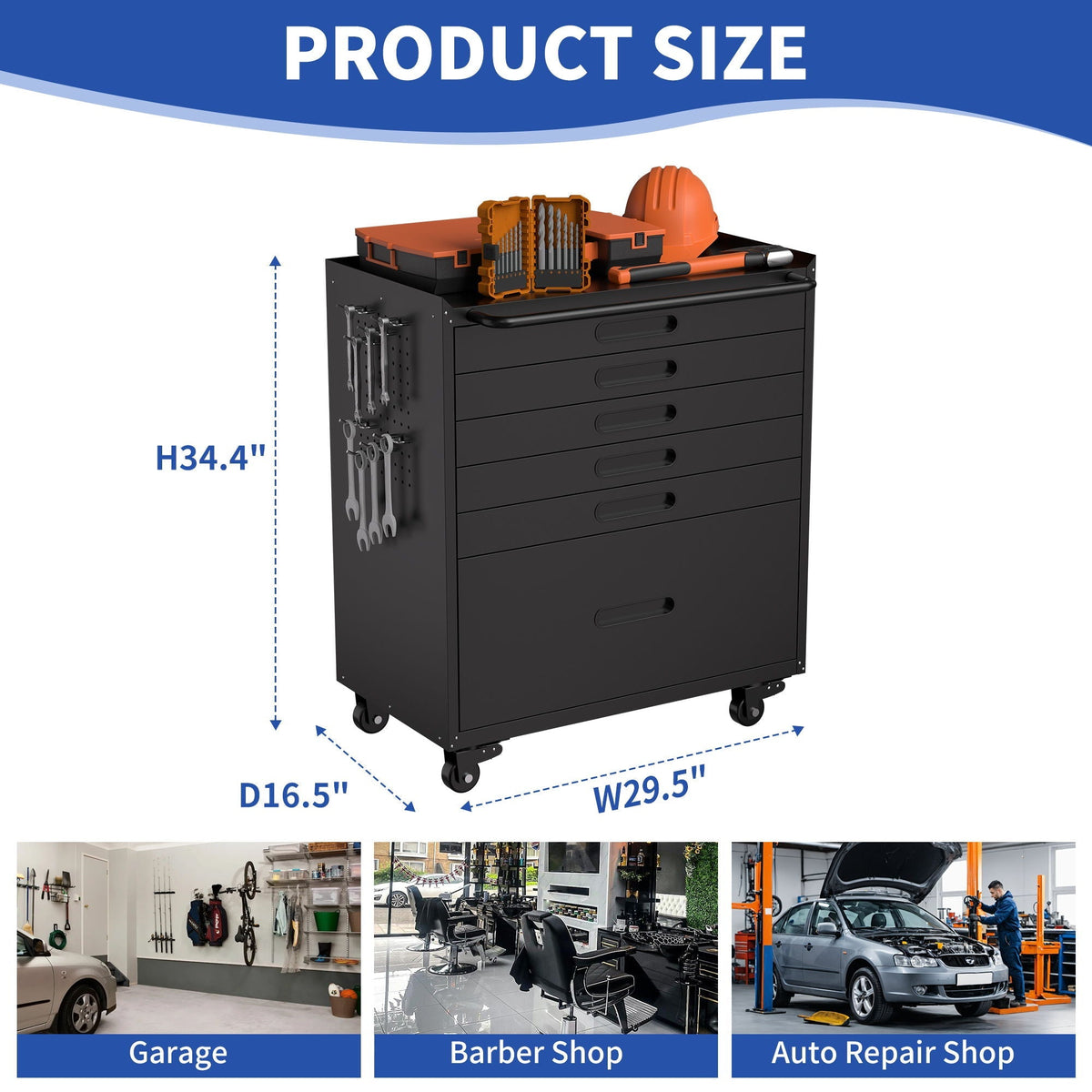 Rolling tool cabinet by HouseOfZazla, lockable doors, black with orange top on casters on Tampa Home & Garden Store