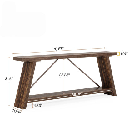 Extra long console table 70.87in, shelves, brown wood, metal X-frame by HouseOfZazla on Tampa Home & Garden Store