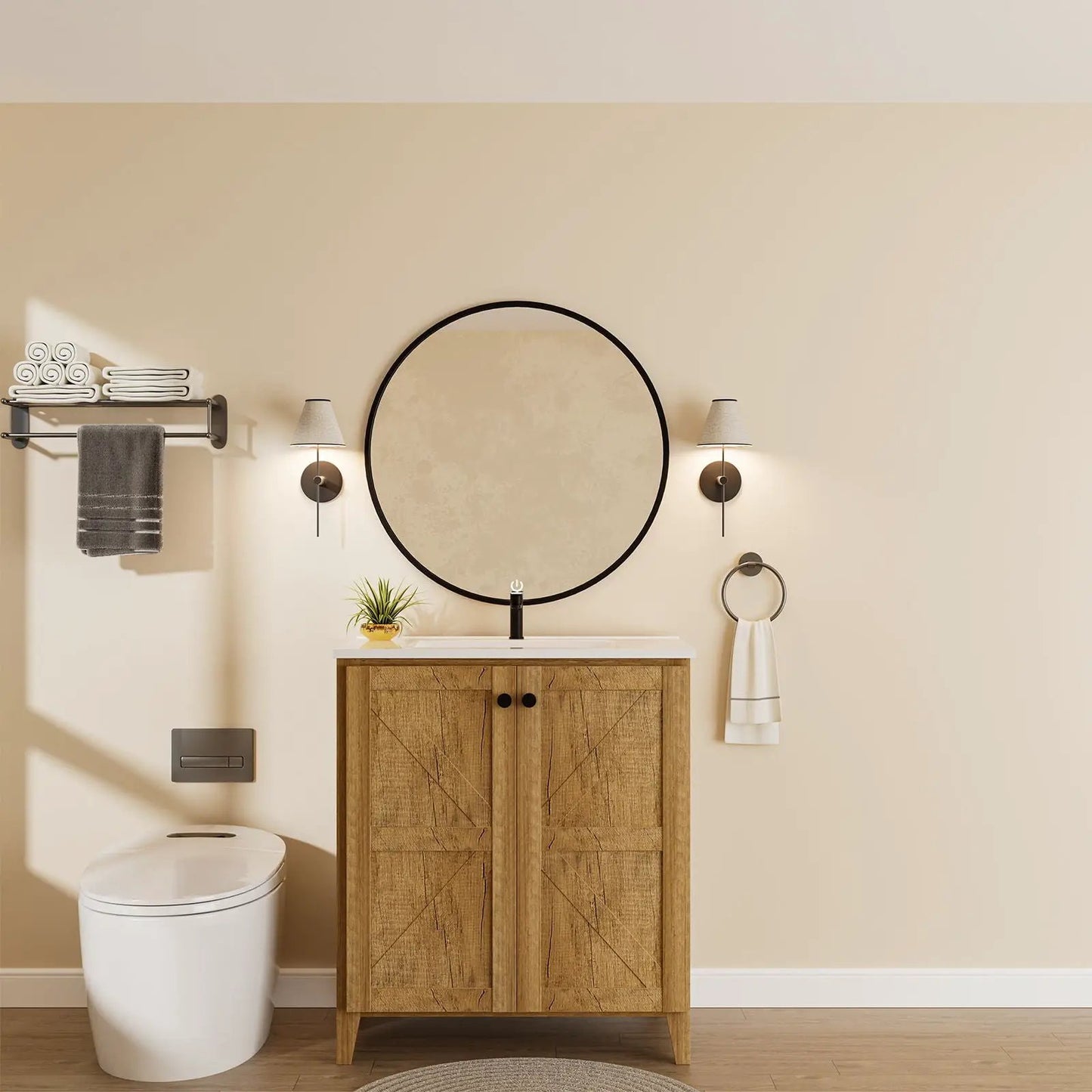 Folding floor vanity cabinet with ceramic sink in wood finish by Unique Piece Furniture on Tampa Home & Garden Store