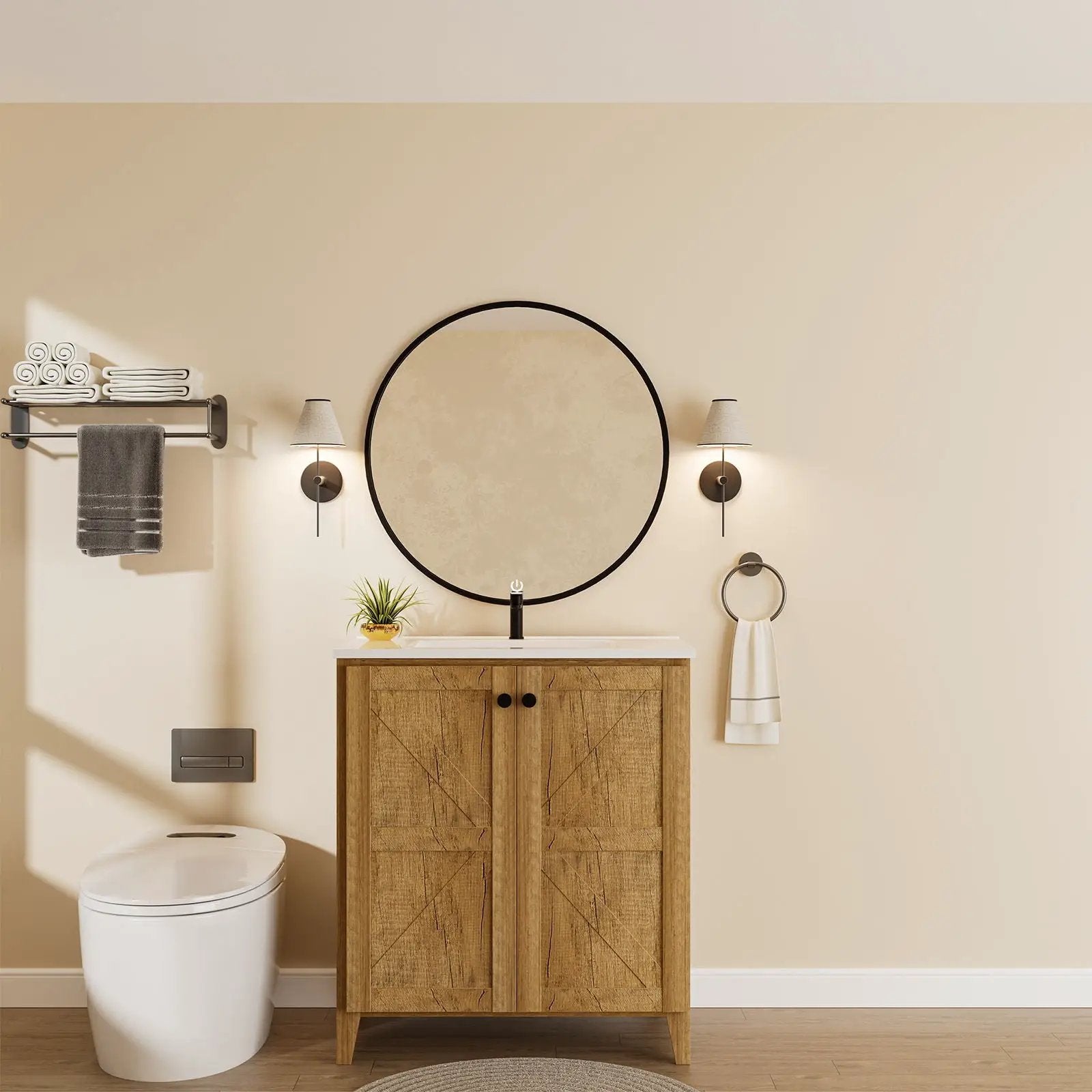 Folding floor vanity cabinet with ceramic sink in wood finish by Unique Piece Furniture on Tampa Home & Garden Store