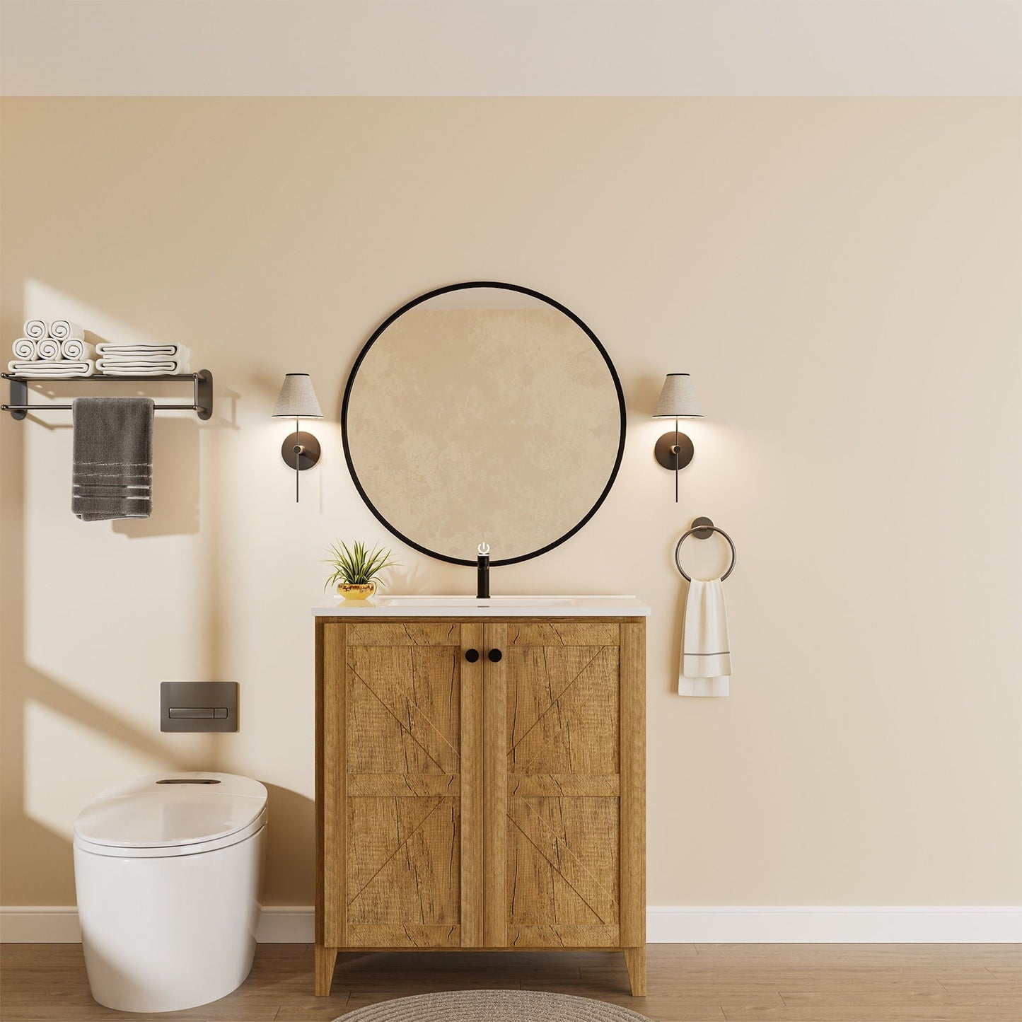Folding floor cabinet vanity with ceramic sink in wood finish, round mirror on Tampa Home & Garden Store