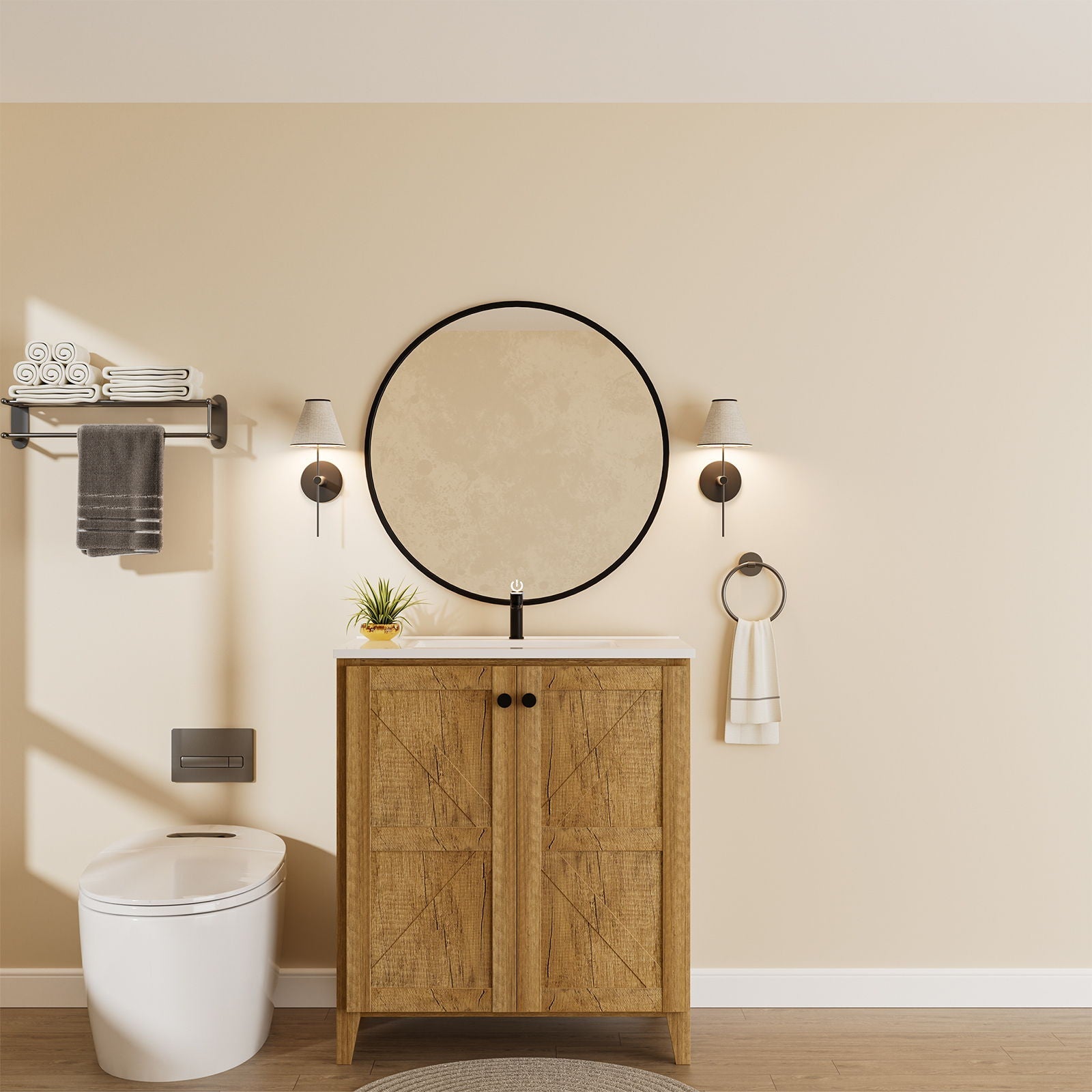 Folding floor cabinet vanity with ceramic sink in wood finish, round mirror on Tampa Home & Garden Store
