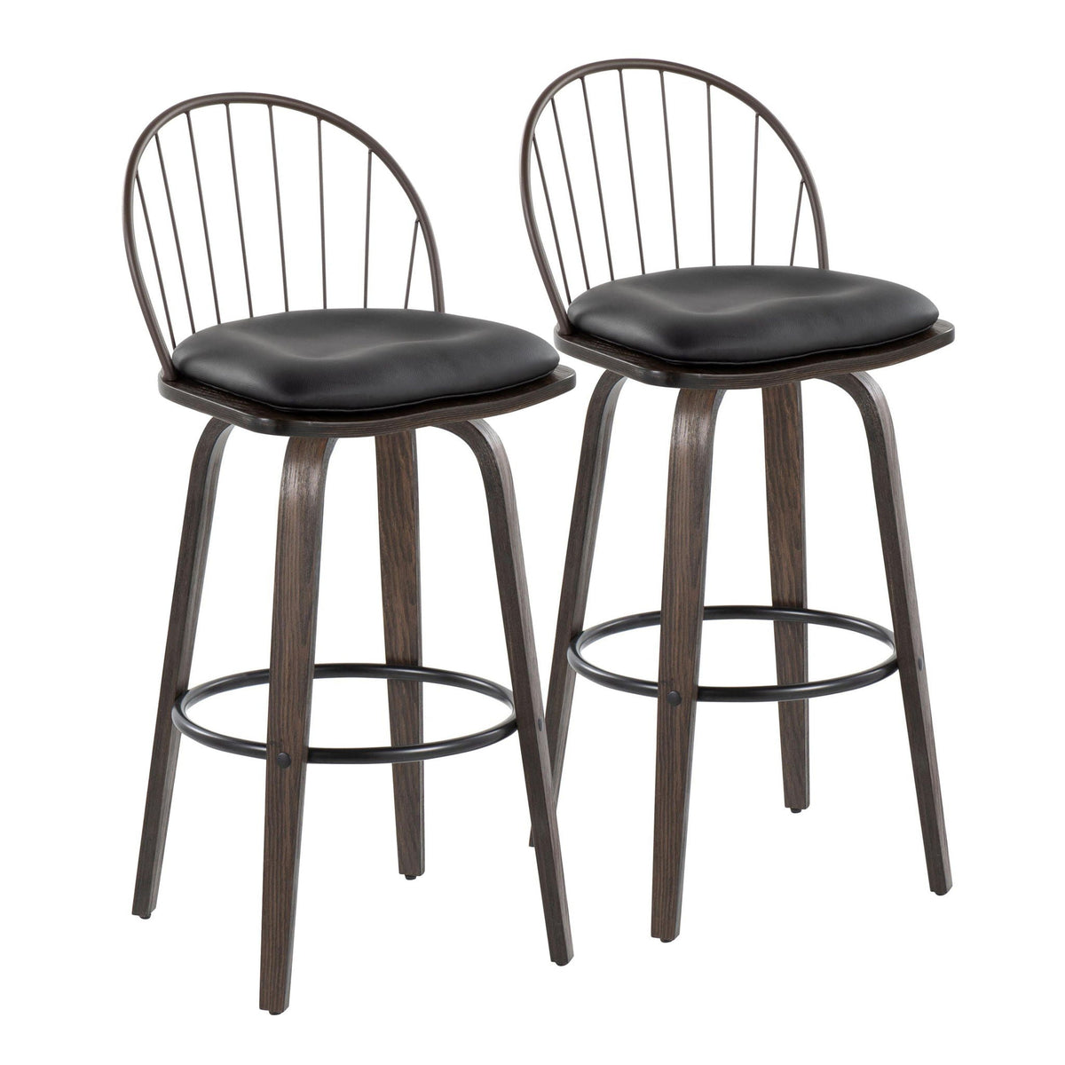Industrial fixed-height barstool set with black cushions, two stools on dark wood legs on Tampa Home & Garden Store