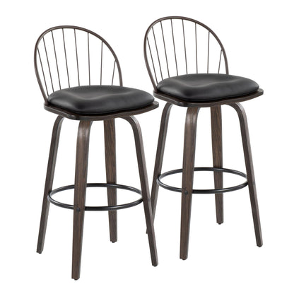Industrial fixed-height barstool set with black cushions, two stools on dark wood legs on Tampa Home & Garden Store