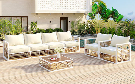 TOPMAX Modern Minimalist 7-Piece Metal Patio Sectional Sofa Set with white frames and beige cushions on pool deck on Tampa Home & Garden Store