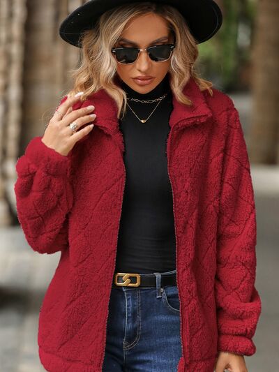 Women's fuzzy zip-up jacket with pockets by Stevvex in red, plush long-sleeve outerwear on Tampa Home & Garden Store