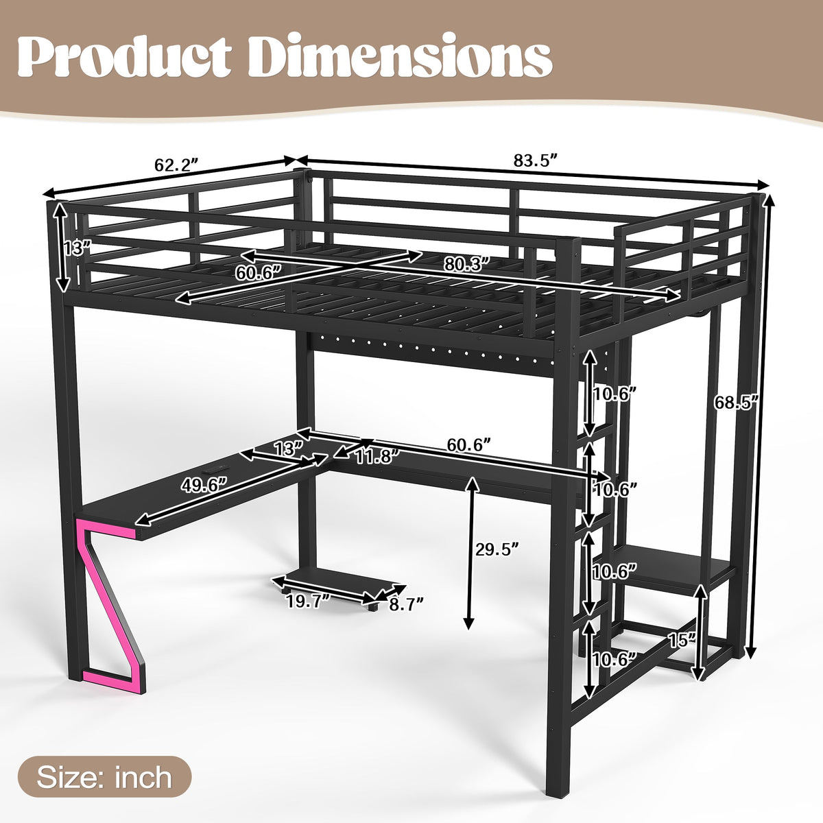 Queen Loft Bed with L-shaped Desk and USB Ports by HouseOfZazla, black metal frame on Tampa Home & Garden Store
