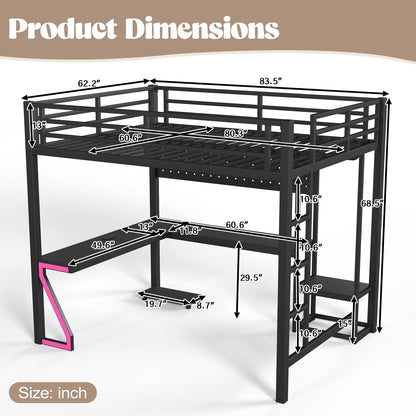 Queen Loft Bed with L-shaped Desk and USB Ports by HouseOfZazla, black metal frame on Tampa Home & Garden Store