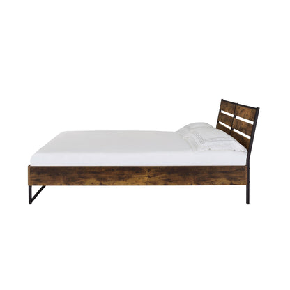 Juvanth Rustic Panel Bed, HouseOfZazla bed in dark wood with grid headboard and black metal legs on Tampa Home & Garden Store