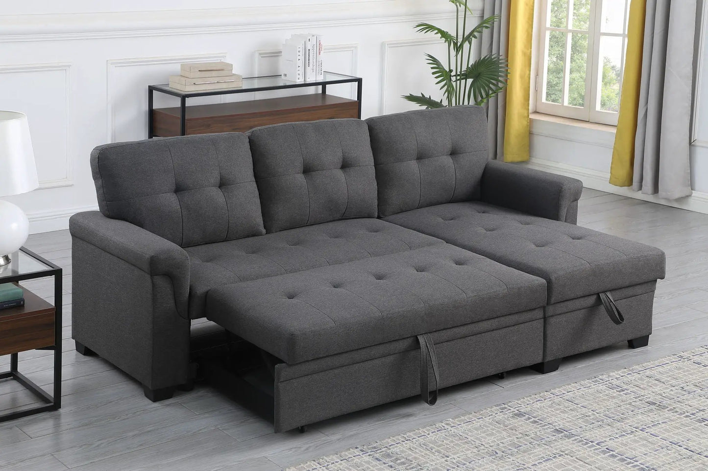 Lucca reversible sleeper sectional sofa with storage chaise in dark gray fabric Unique Piece on Tampa Home & Garden Store