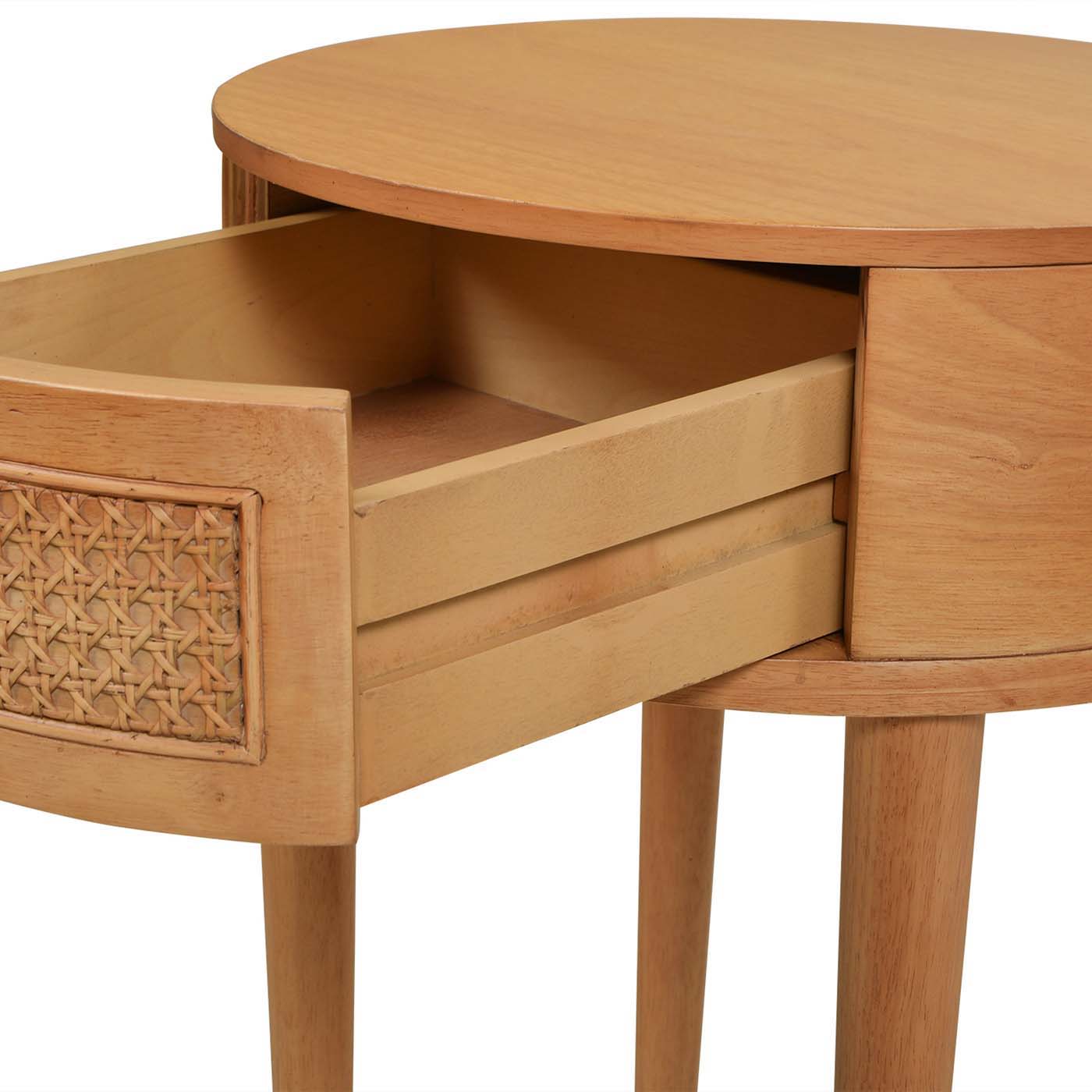 Cabana round cane storage side table by HouseOfZazla in natural brown oak with cane panel on Tampa Home & Garden Store