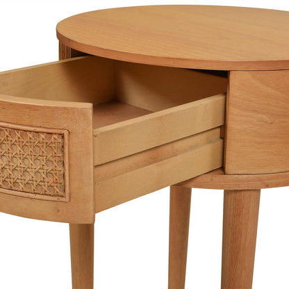 Cabana round cane storage side table by HouseOfZazla in natural brown oak with cane panel on Tampa Home & Garden Store