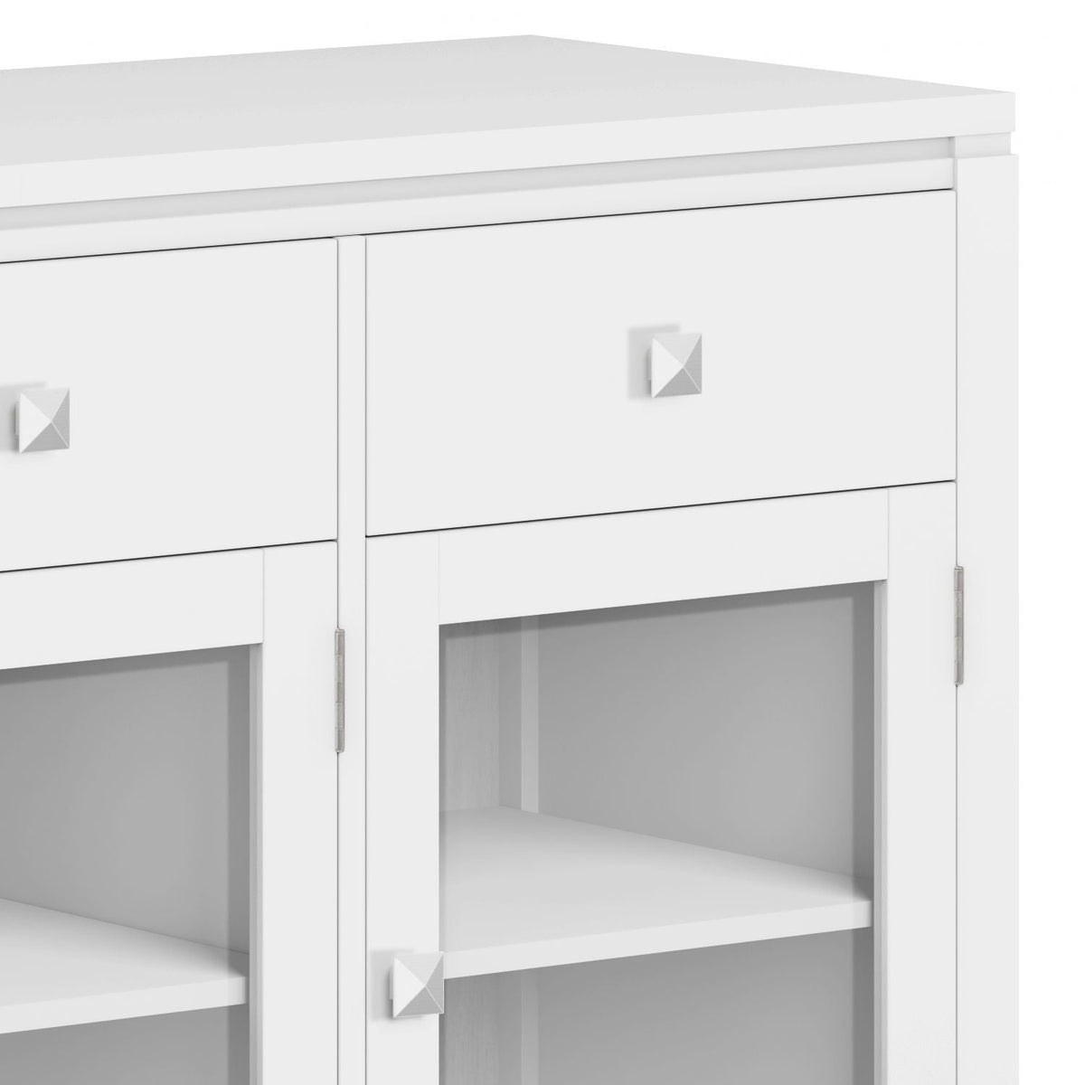 Handcrafted sideboard buffet with glass doors, white finish, square knobs, glass-front cabinet on Tampa Home & Garden Store