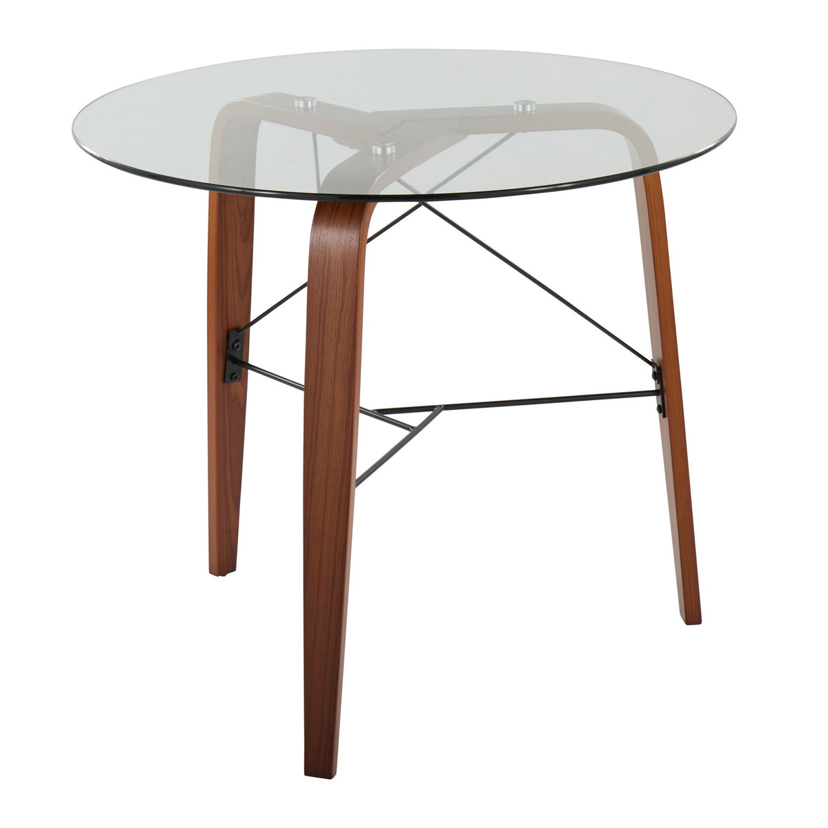 Contemporary round dinette table with tempered glass top and dark brown wooden legs on Tampa Home & Garden Store