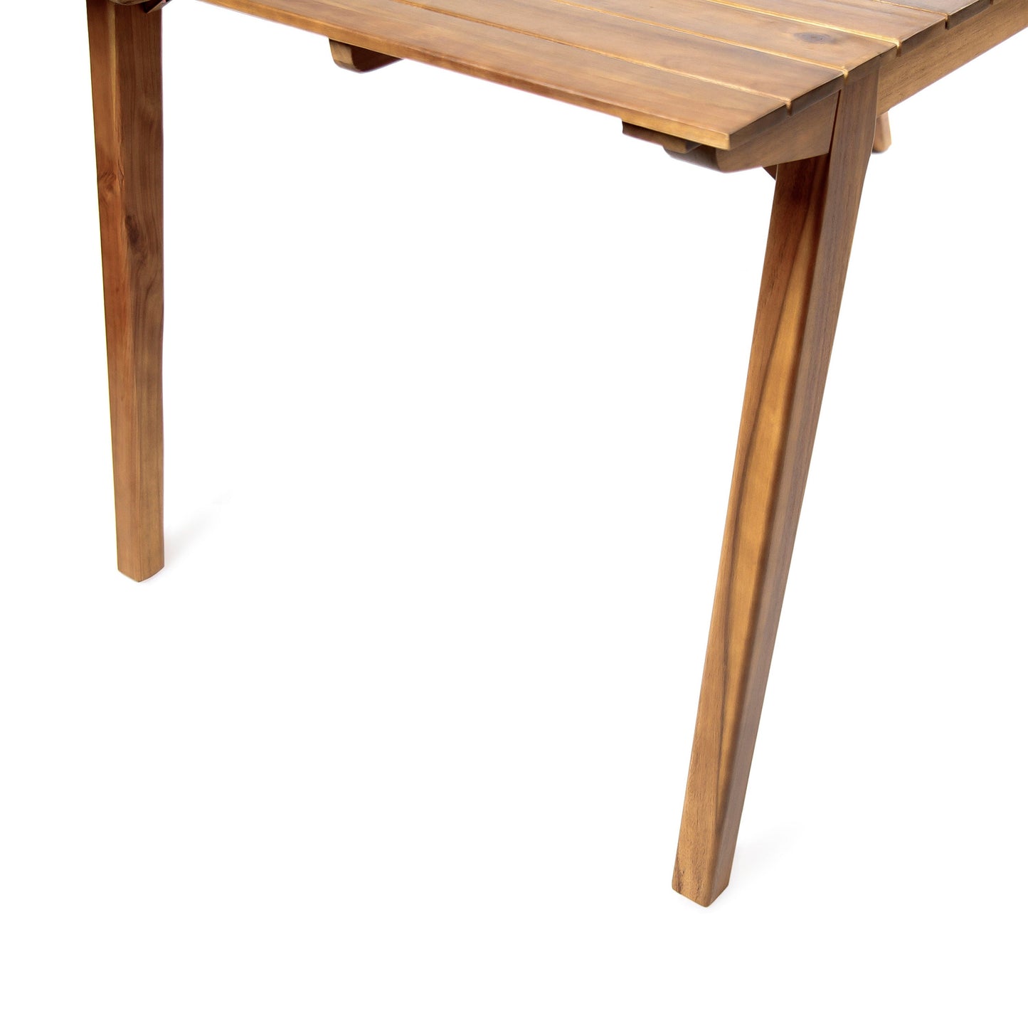 Outdoor Taiga 69 table in teak-finish acacia wood with a slatted top and curved legs on Tampa Home & Garden Store