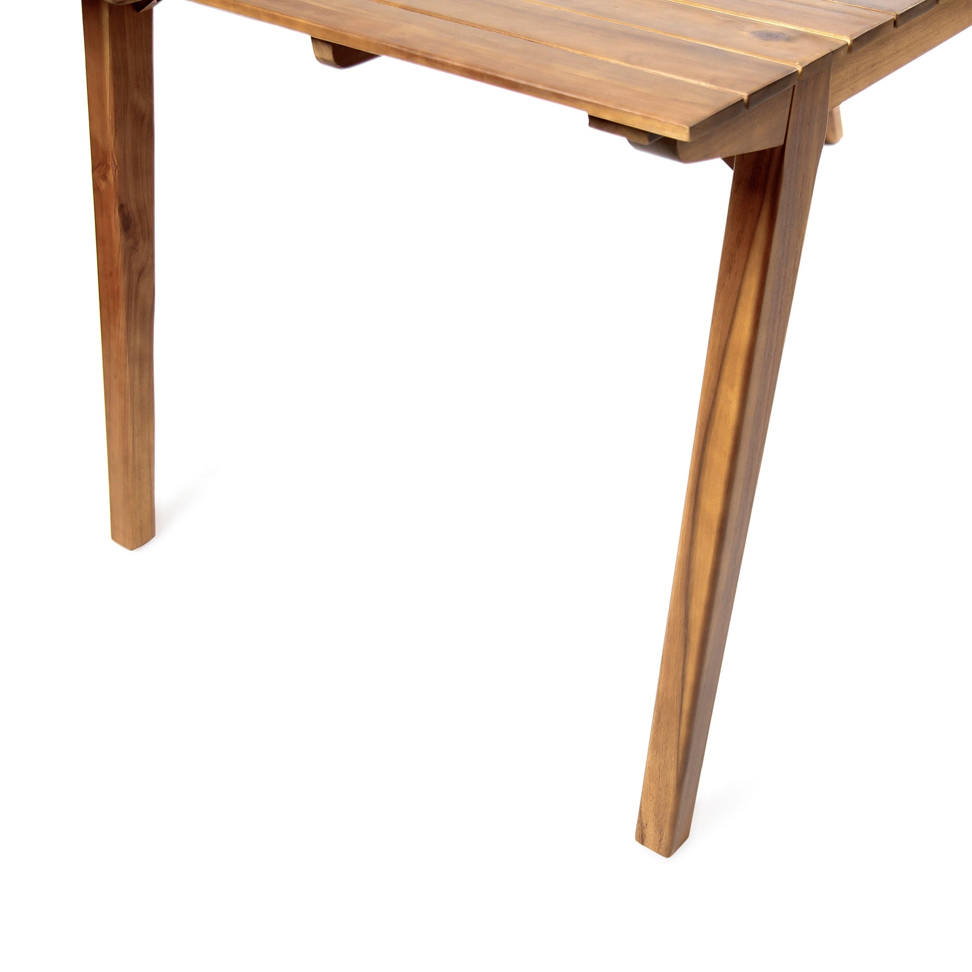 Outdoor Taiga 69 table in teak-finish acacia wood with a slatted top and curved legs on Tampa Home & Garden Store