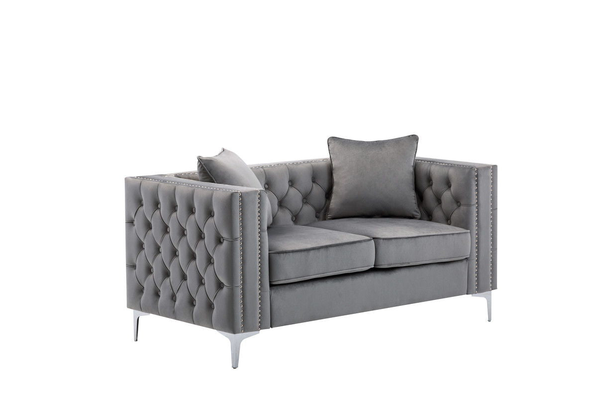 Gray velvet loveseat Lorreto with button tufting and nailhead trim by HouseOfZazla on Tampa Home & Garden Store