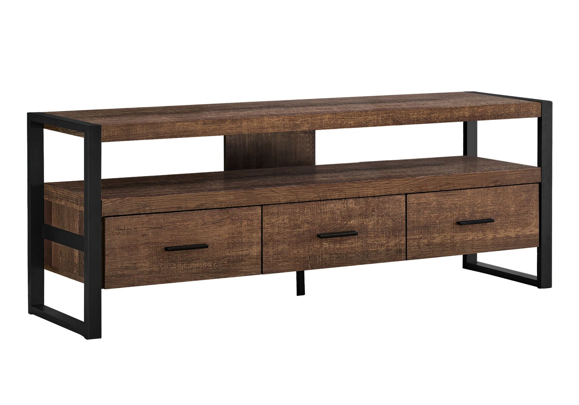 TV stand console with storage drawers in rustic brown wood finish and black metal frame open upper shelf and two lower drawers on Tampa Home & Garden Store
