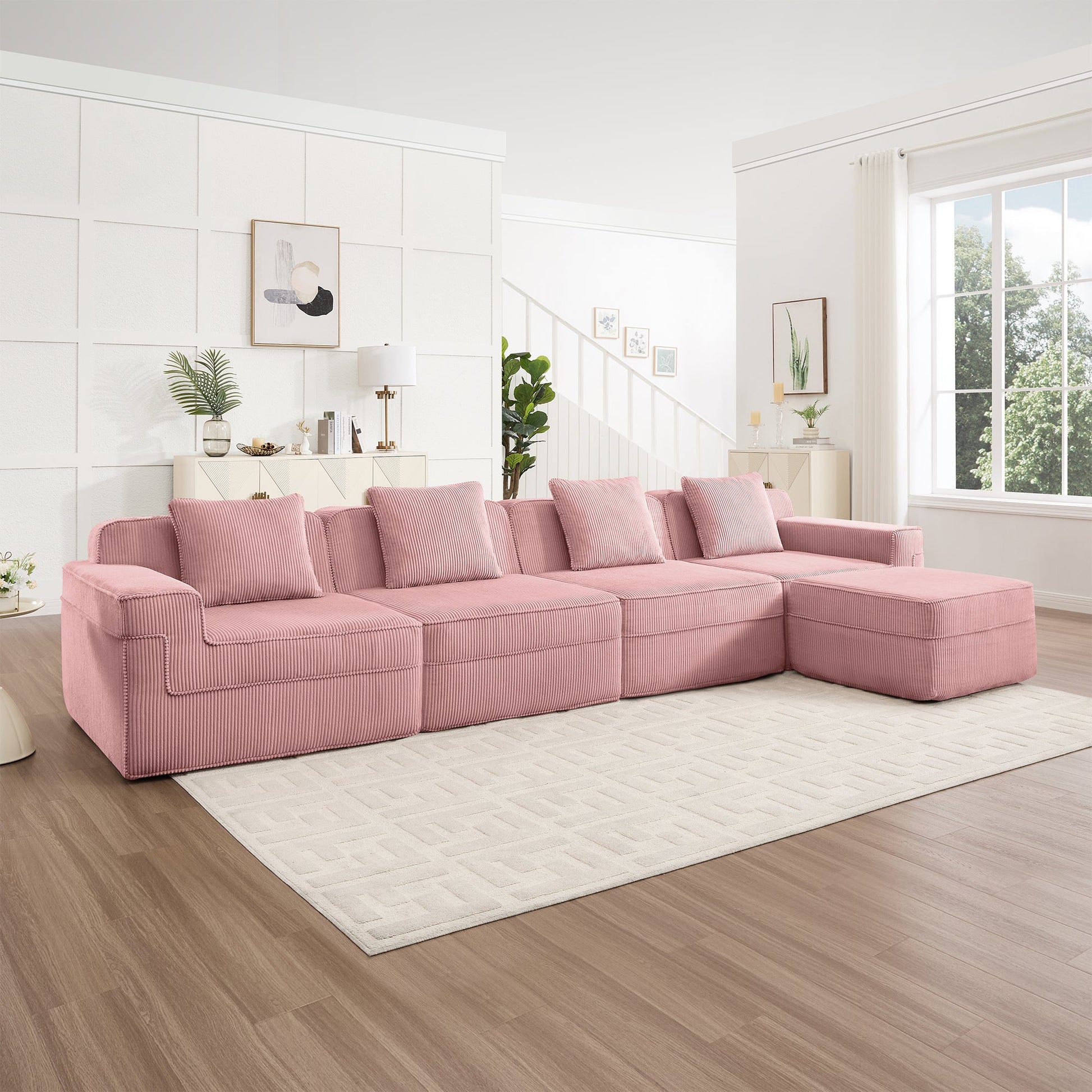 Modular 4-seat L-shaped pink corduroy sofa with plush cushions on Tampa Home & Garden Store