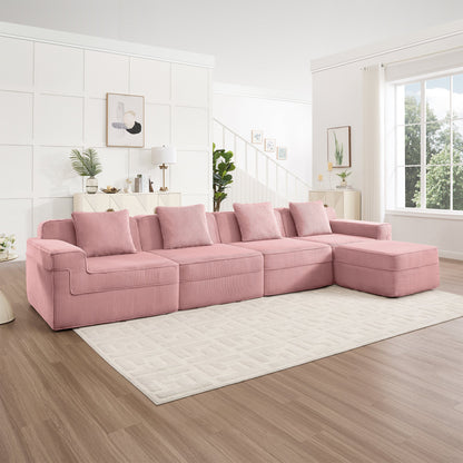 Modular 4-seat L-shaped pink corduroy sofa with plush cushions on Tampa Home & Garden Store