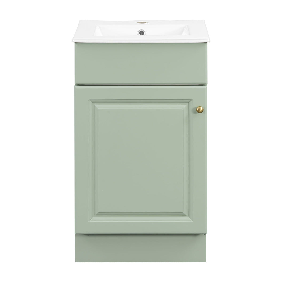 Bathroom vanity with sink in sage green, white countertop, brass knob, adjustable shelf on Tampa Home & Garden Store