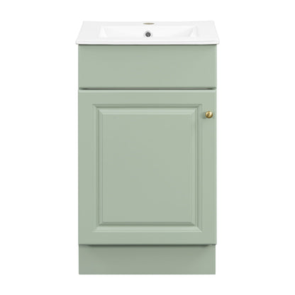 Bathroom vanity with sink in sage green, white countertop, brass knob, adjustable shelf on Tampa Home & Garden Store