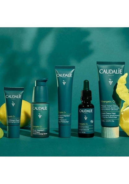 Caudalie Vinergetic C+ skincare set with five teal tubes and bottles on Tampa Home & Garden Store