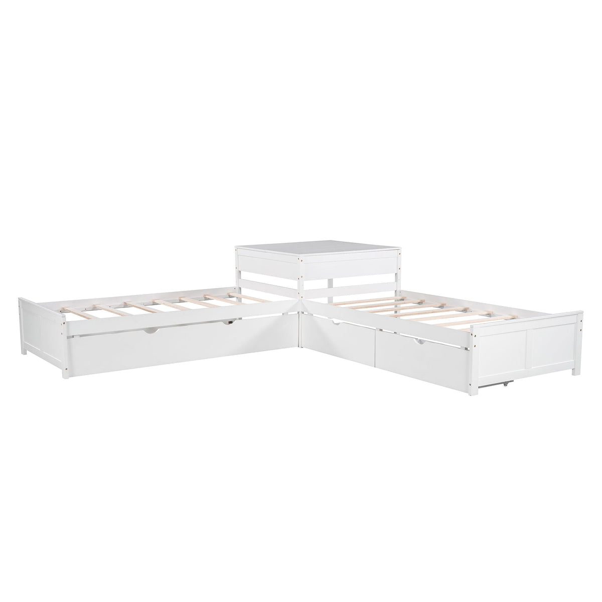 L-shaped white platform bed with built-in desk, drawers, and pull-out trundle on Tampa Home & Garden Store