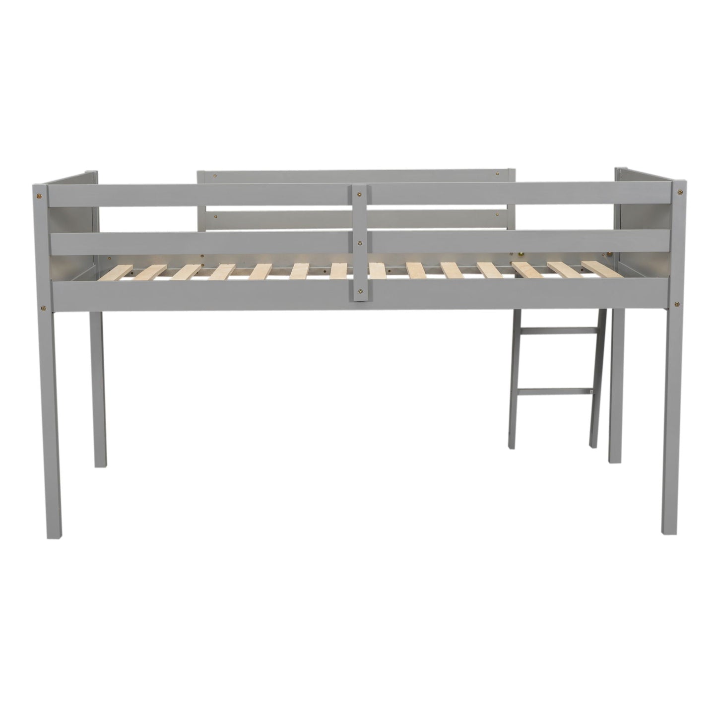 Low loft bed frame in gray with slatted base and adjustable ladder on right side on Tampa Home & Garden Store