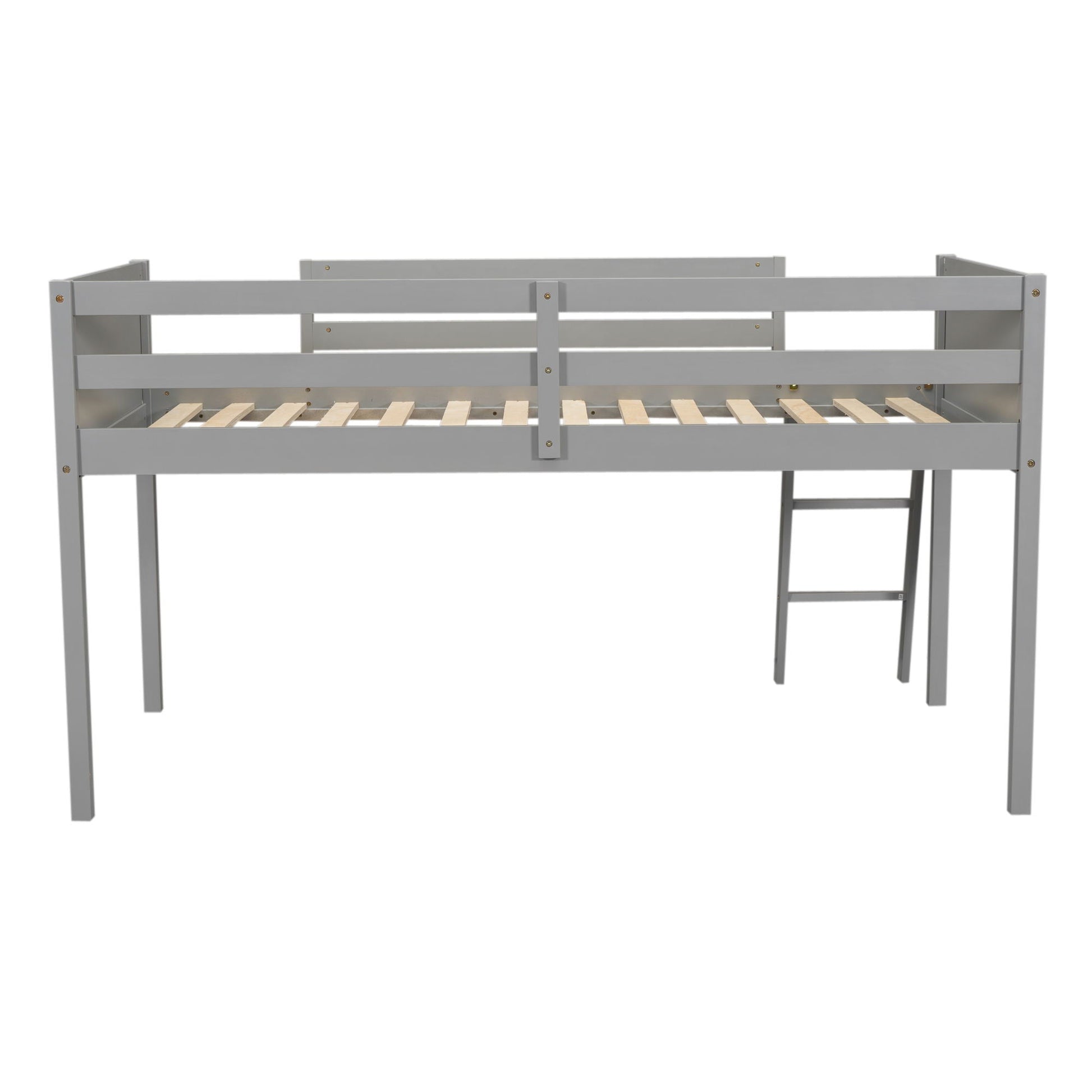 Low loft bed frame in gray with slatted base and adjustable ladder on right side on Tampa Home & Garden Store