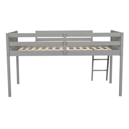 Low loft bed frame in gray with slatted base and adjustable ladder on right side on Tampa Home & Garden Store