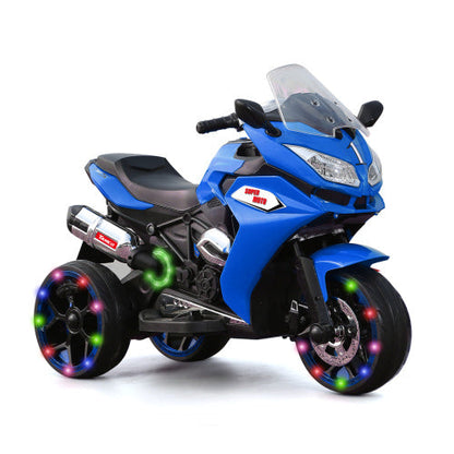 Kids' 12V electric motorcycle in blue with light-up training wheels and LED rims on Tampa Home & Garden Store