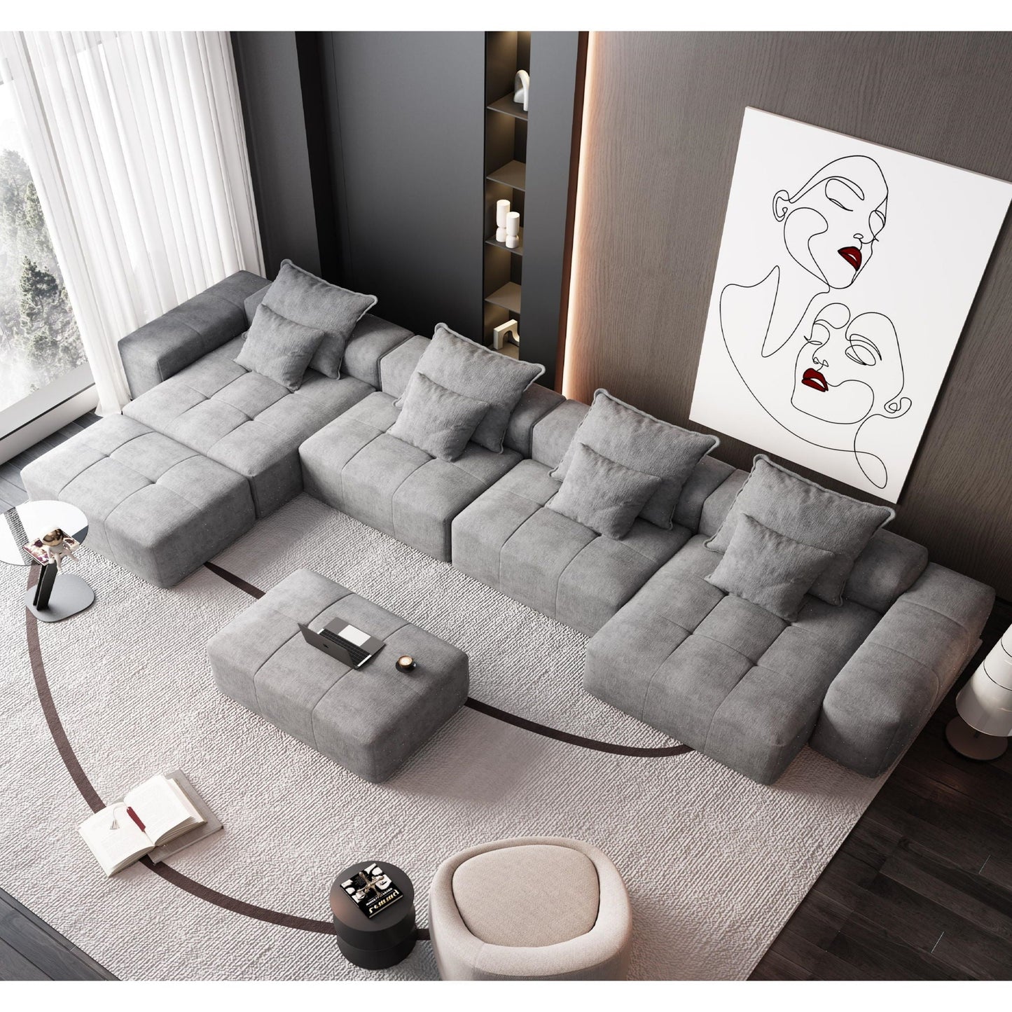 Modern oversized DIY combination modular sectional sofa with pillows in gray fabric on Tampa Home & Garden Store