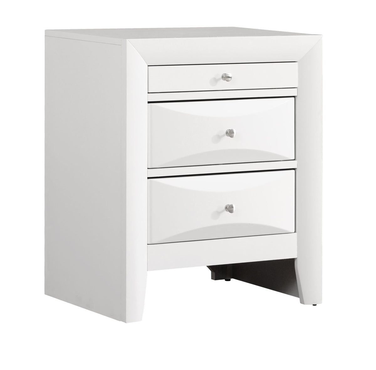 Modern white nightstand with molded resin veneer and 3 drawers with metal knobs on Tampa Home & Garden Store