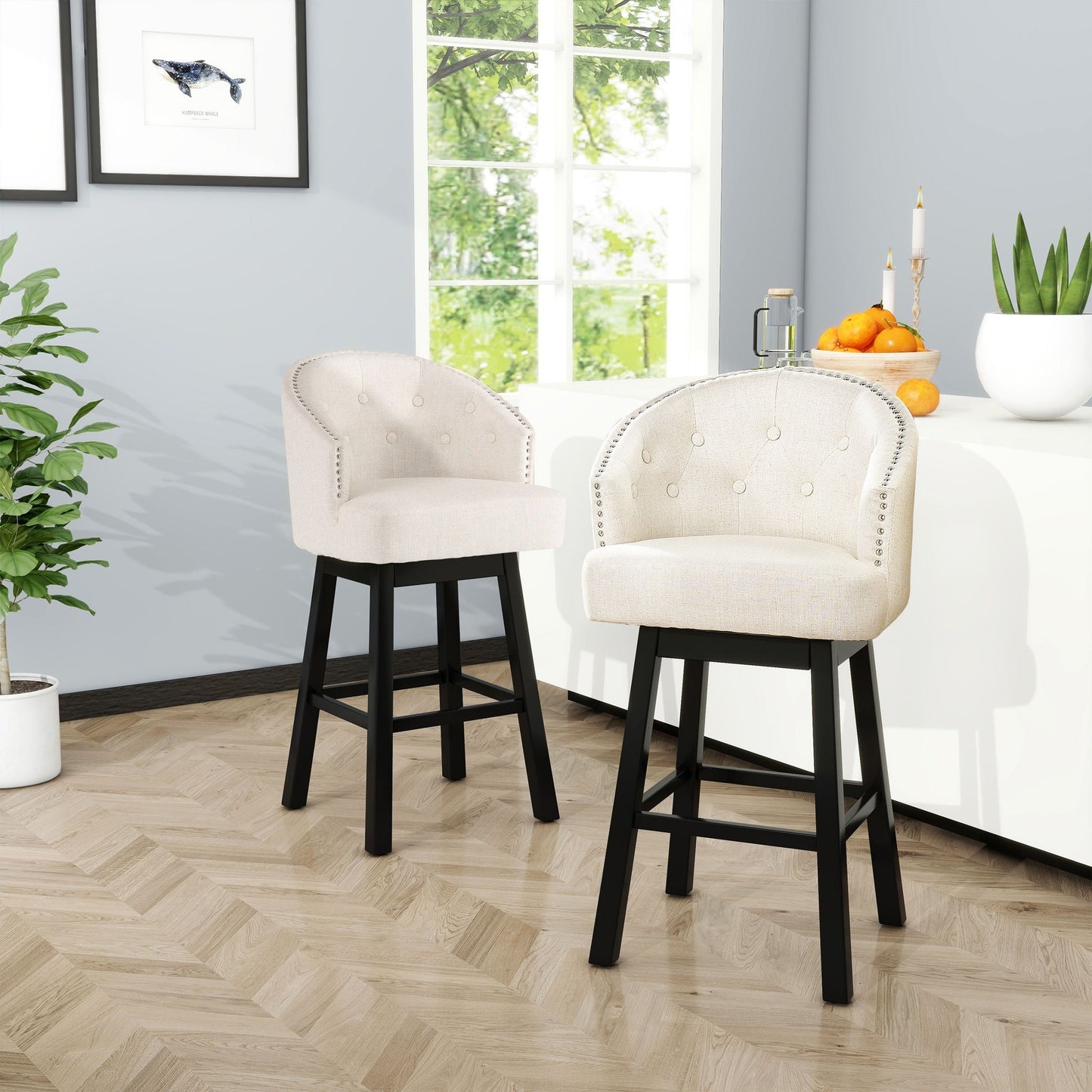 360 Degree Swivel Bar Stool Set of 2 in beige tufted fabric with nailhead trim by HouseOfZazla on Tampa Home & Garden Store
