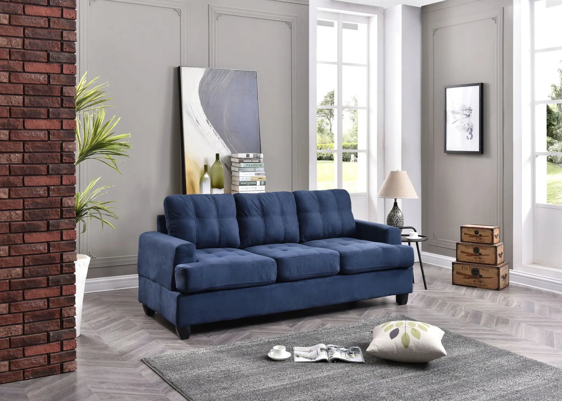 Sandridge Sofa by Unique Piece Furniture blue velvet stationary sofa with tufted cushions on Tampa Home & Garden Store