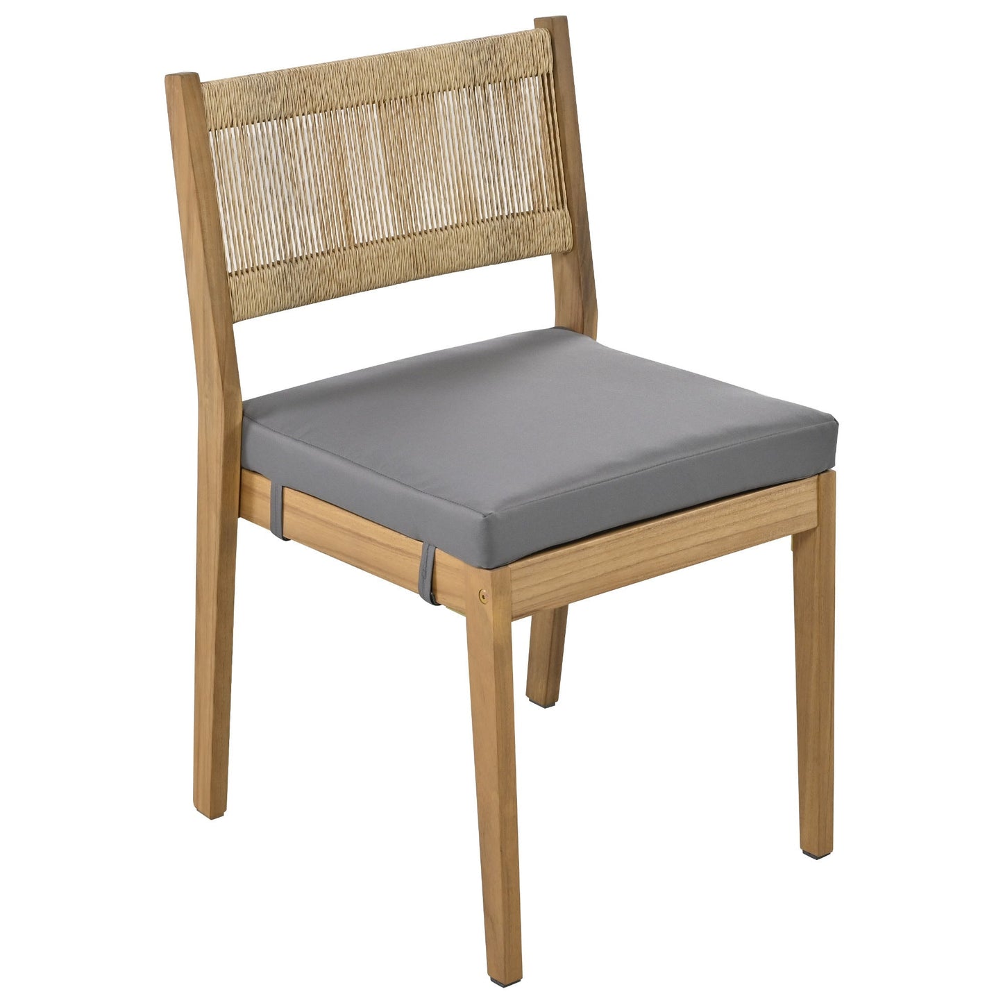 U_Style multi-person outdoor acacia wood dining chair with woven back and gray cushion on Tampa Home & Garden Store