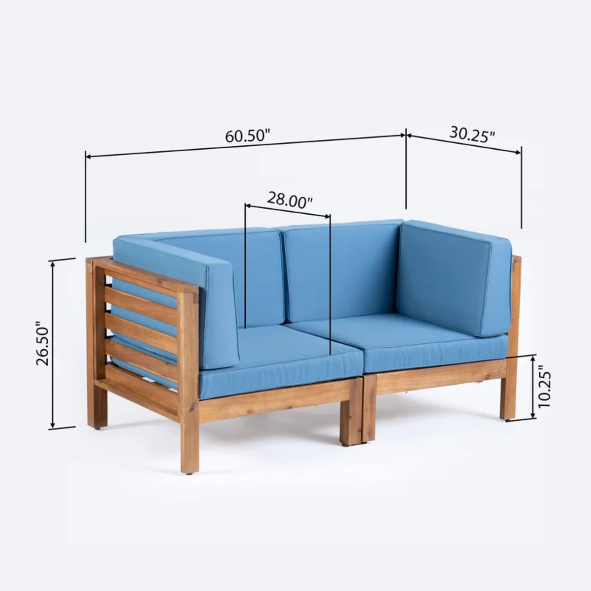 Oana 2-Piece Loveseat Set with water resistant cushions, blue cushions on a wooden frame on Tampa Home & Garden Store