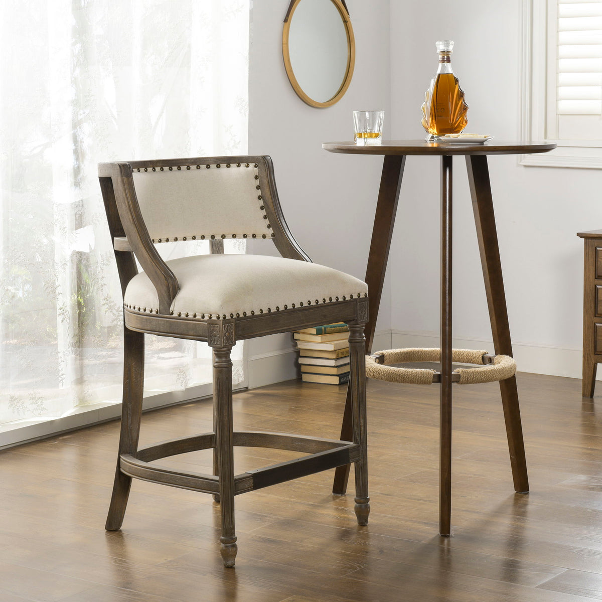 Farmhouse counter height bar stool with backrest, beige upholstery, dark wood frame (2) on Tampa Home & Garden Store