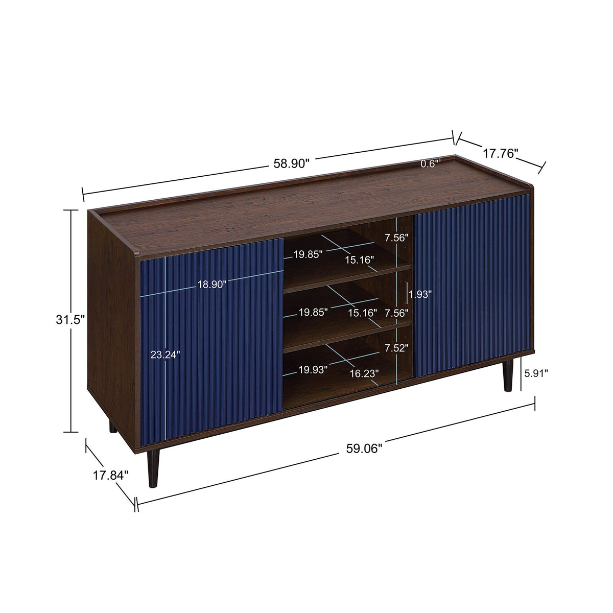 Fluted sideboard with adjustable storage, blue ribbed fronts on dark wood body on Tampa Home & Garden Store