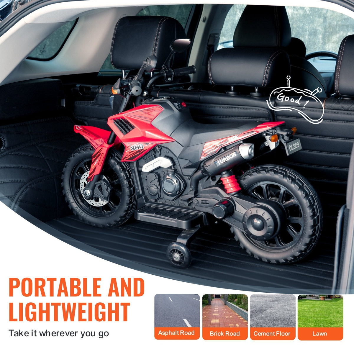 Kids' 12V electric ride-on motorcycle with LED lights in red color inside car trunk on Tampa Home & Garden Store