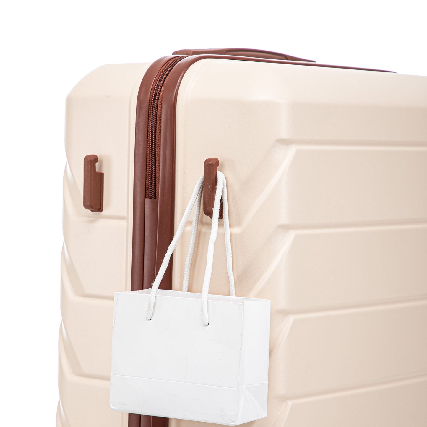 HouseOfZazla 3-piece beige luggage set with brown zipper trim and top handle white gift bag on Tampa Home & Garden Store