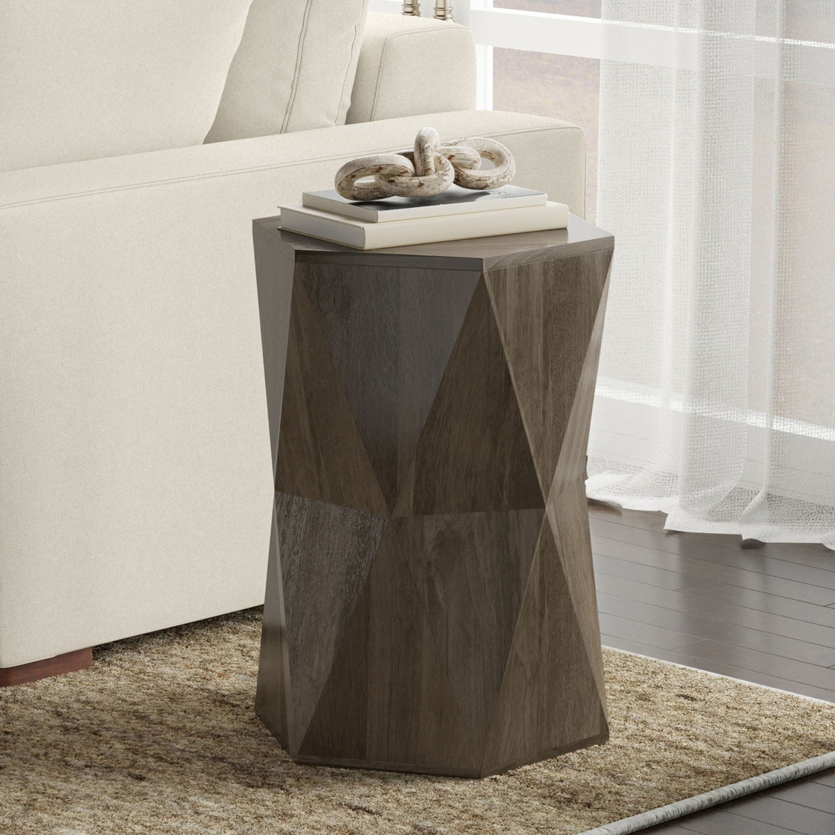 Mckinley Side Table with Sculptural Geometric Design in dark brown wood - HouseOfZazla on Tampa Home & Garden Store