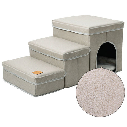 Multifunctional pet stairs with kennel and upper bed beige fabric Sell My Stuff on Tampa Home & Garden Store