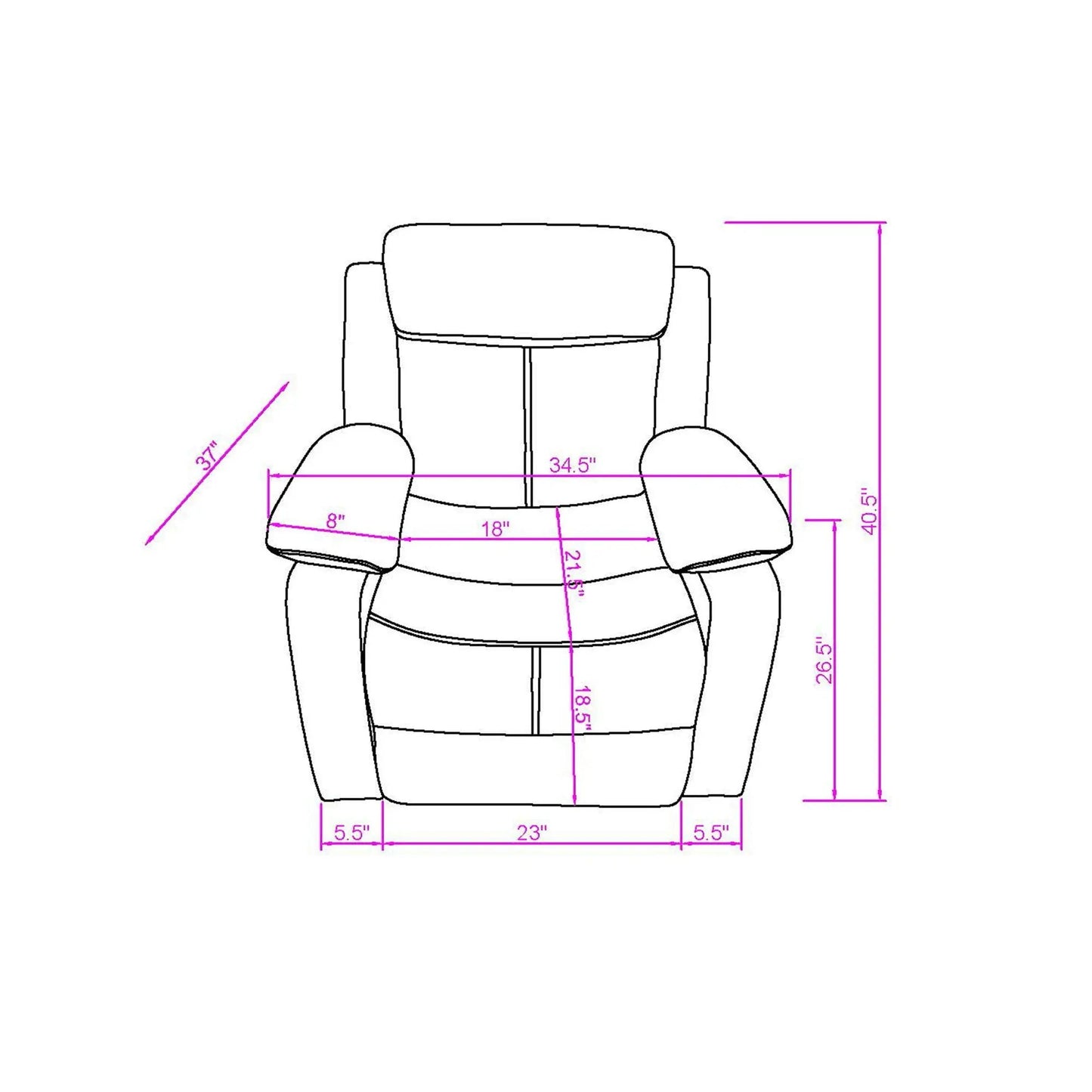 Blanche glider recliner with LED and pillow-top arms line drawing showing dimensions on Tampa Home & Garden Store